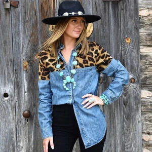 Washed Denim Button Down Shirt with Leopard Cheetah Contrast